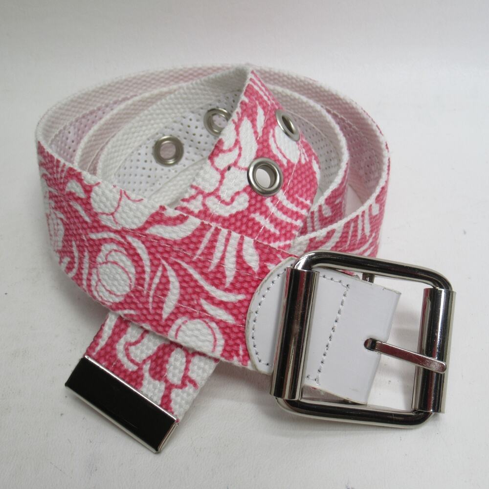 Preppy Canvas Belt L Pink White Floral Faux Leather Trim Silver Tone Roll Bar